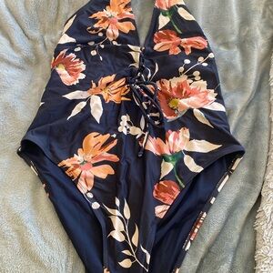Cupshe Floral One Piece Swimsuit - Navy and Coral